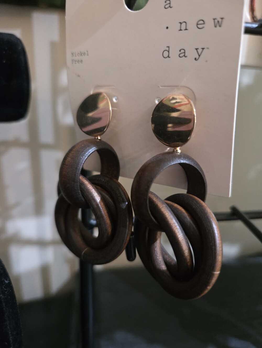 a new day Brown Wooden Link Earrings with Rose Gold Discs New